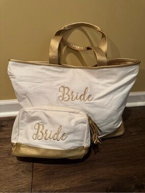 Viv&Lou Bride Tote With Makeup Pouch- ivory shell and gold embroidered